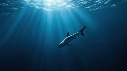 Obraz premium A solitary shark swimming through open waters, with a sleek body cutting through the currents of the ocean.