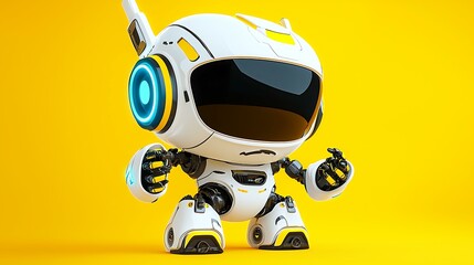 Chibi robot emoji with a boxy head and cute blinking lights isolate other color background
