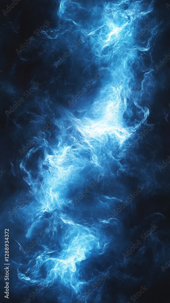 Poster electric blue lightning and plasma energy in dark space, with swirling patterns and glowing intensit