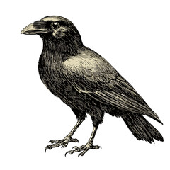 Wildlife bird art in vintage style, hand-drawn crow illustration with black sketch effect, trendy old engraving design on white background, elegant crow artwork print.