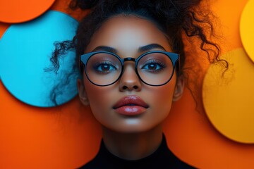 Creative promotional flyer layouts featuring a young woman with glasses against vibrant colors