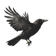 Old engraving-style crow illustration, hand-drawn with black sketch effect on a white background, vintage wildlife bird art print, modern artistic crow design.