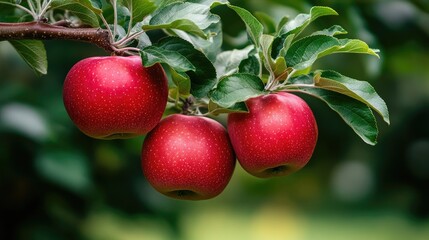 Obraz premium Close-up of bright red apples nestled among green leaves in an apple orchard, showcasing the beauty of harvest time