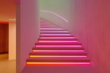 Fototapeta premium Illuminated staircase features vibrant pink and orange lights cr