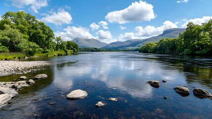 Serene River Landscape with Mountain Reflections