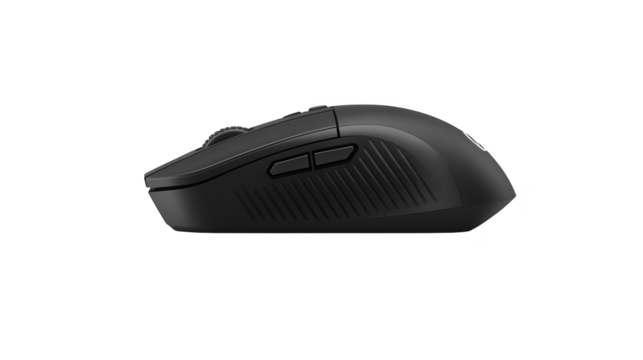 Wireless computer mouse on plaid fabric, a closeup view of modern technology closeup