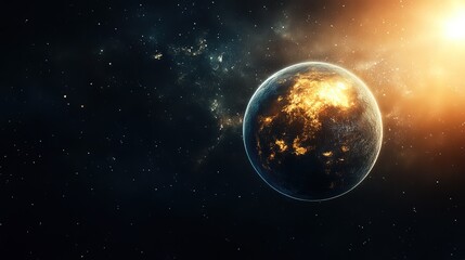 Obraz premium Earth-like Planet with Glowing Atmosphere in Deep Space, Exoplanet Discovery Concept