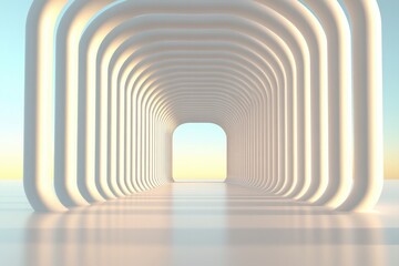 Endless white arches create serene pathway, inviting exploration