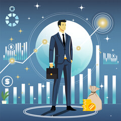 Successful male businessman with a briefcase in a formal suit. On the background of a globe of money and graphs. Vector illustration EPS 10. For any platform or purpose. Promotion and advertising