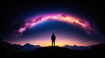 Fototapeta premium Silhouette of person gazing at starry night sky over mountain range