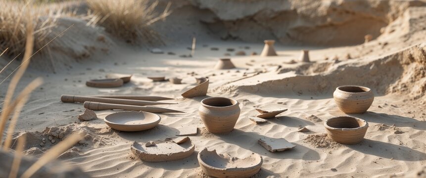 Archaeological dig site showing tools and partially excavated pottery fragments