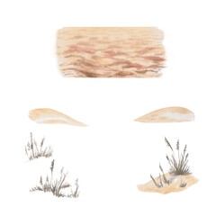 Set of landscape elements for landscape designer - dry grass, sand, hillocks. Isolated watercolor illustrations of beach sand for design of advertising brochures of travel agencies on beach holidays.