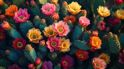 Vibrant orange and yellow cactus adorned with a central pink bloom, its heart a sunny yellow, encircled by delicate petals against a close-up backdrop