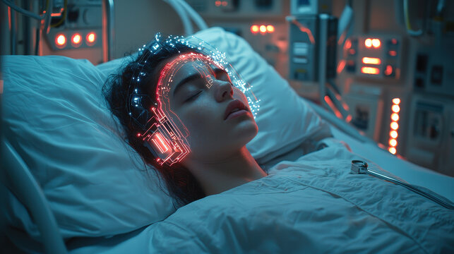 Cyberpunk-inspired neuroenhancer chip implantation procedure in a high-tech medical environment for instant anxiety relief