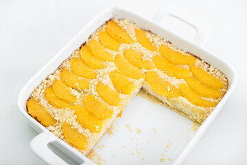 Pie with a sandy crumb with oranges in a forming form