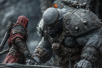 Fototapeta premium Epic fantasy battle scene: a lone warrior confronts a massive, armored ogre.