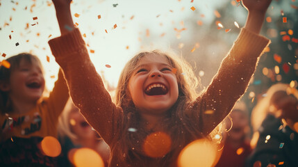 Obraz premium A dreamy, slow-motion effect of confetti raining down on a group of laughing kids at a birthday party, highlighting pure joy and excitement.