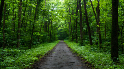 Fototapeta premium Lush Green Forest Path Sunlight Through Canopy
