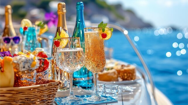 Summer luxury yacht party with stylish people in sunglasses and summer attire, toasting with cocktails against the deen blue ocean 