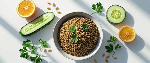 Healthy Lentil Salad Bowl with Cucumber and Citrus.