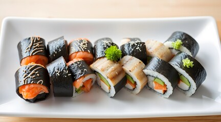 A delicious array of sushi rolls featuring fresh seafood, vegetables, and rice, beautifully presented on a white plate, showcasing the artistry of Japanese cuisine.  