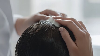 Naklejka premium Hair restoration therapy with a gentle touch in a bright clinic. Featuring rejuvenation and recovery