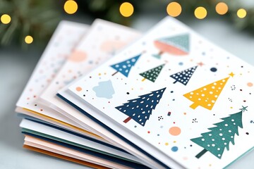 Colorful Christmas cards with festive tree designs stacked together during the holiday season celebration in a cozy setting