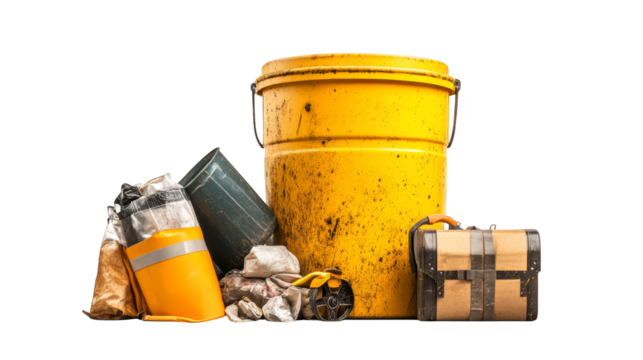 Bright yellow trash cans, a symbol of urban cleanliness and waste management yellow