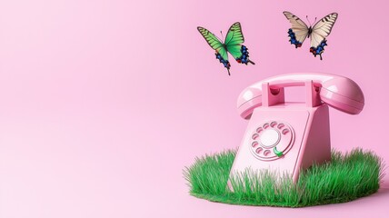 Romantic Pastel Spring Background. Vintage pink telephone with butterflies and grass