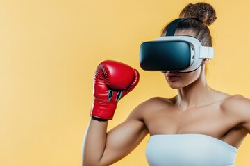 Virtual reality boxing training session with a female athlete wearing red gloves and a VR headset