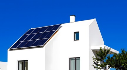 Obraz premium The image showcases a modern white house equipped with solar panels, set against a clear blue sky, highlighting its eco-friendly design and contemporary architectural style. 