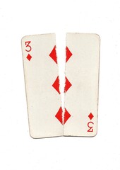 Obraz premium A vintage playing card torn in half from top to bottom on a white background.