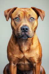 Obraz premium Brown dog with expressive eyes sitting calmly against a neutral background in a studio setting showcasing its breed characteristics and charm