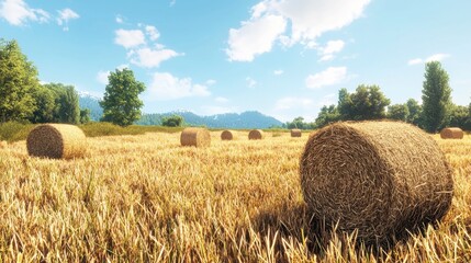 Fototapeta premium Sunny rural landscape featuring hay bales scattered across golden fields under a clear blue sky with fluffy white clouds