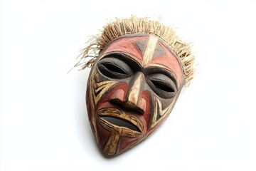 Hand Carved Wooden Mask With Straw Hair