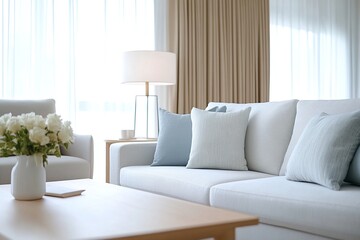 Modern living room with cozy seating, natural light, and floral decor perfect for relaxing