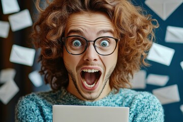 Excited young man expressing joy while receiving good news surrounded by floating envelopes