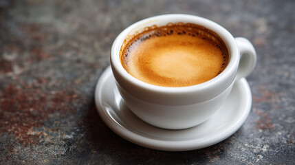 Strong Cuban espresso in a small white cup on a dark background