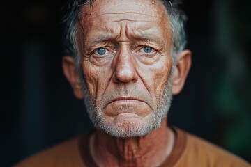 Expression of wisdom and resilience captured in the face of an elderly man with deep blue eyes and weathered skin in a soft-lit environment