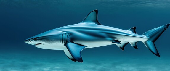 Naklejka premium Blue shark swimming gracefully underwater with a deep blue backdrop