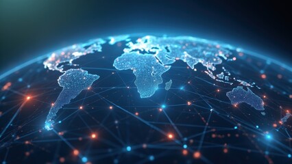 Naklejka premium Digital Globe With Hologram Network, Showcasing a World Map. Concept of Tech Firms and Global Networking