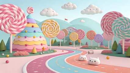 Sweet Dreams: Kawaii Candy Landscape with Cute Cats

