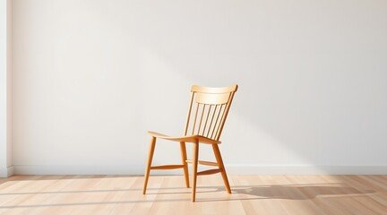 A single wooden chair stands in a minimalist room, illuminated by natural sunlight, creating a serene and inviting atmosphere.  