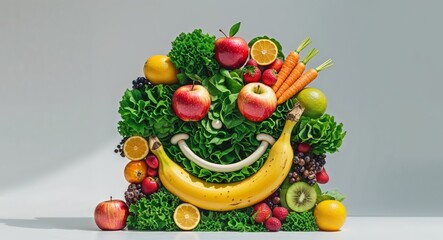 A cheerful plate of fruits and vegetables arranged as a smiley face. © LoFi J.