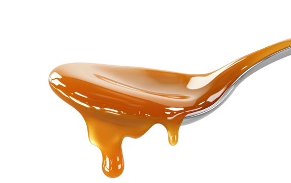 Drip of caramel in a spoon on transparent or white background,png