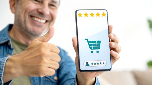 A happy man shows a smartphone displaying a five-star rating and a shopping cart, indicating a positive online shopping experience.
