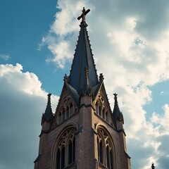 Obraz premium Stunning Gothic Church Spire Against a Cloudy Sky