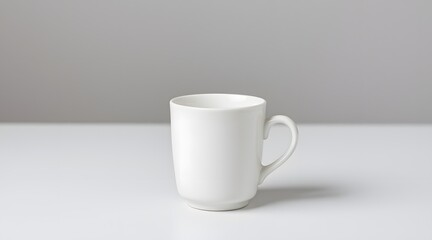 Obraz premium A simple white ceramic mug sits on a clean tabletop, highlighting its minimalist design against a neutral background. 