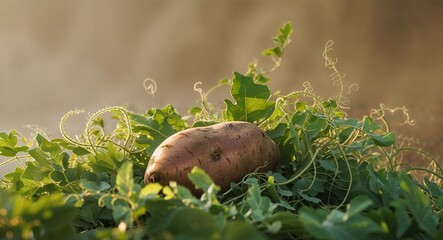 Obraz premium sweet potato harvest a single sweet potato with lush green foliage