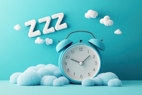 Relaxation time with a blue alarm clock surrounded by fluffy clouds and zzz symbols against a bright background